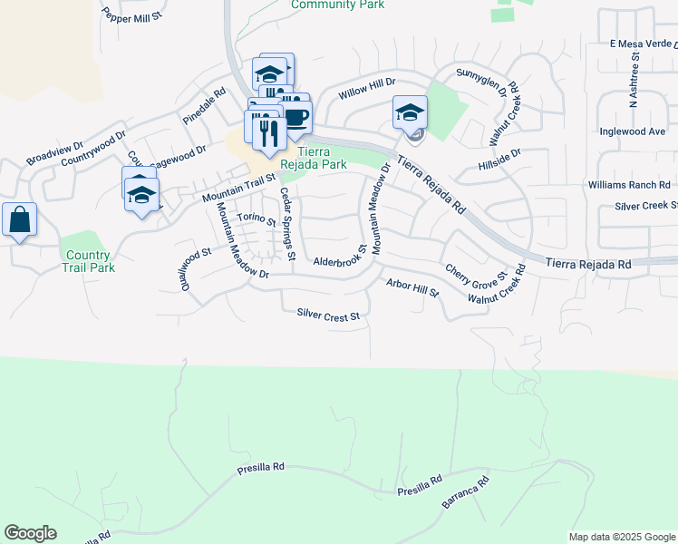 map of restaurants, bars, coffee shops, grocery stores, and more near 11958 Alderbrook Street in Moorpark