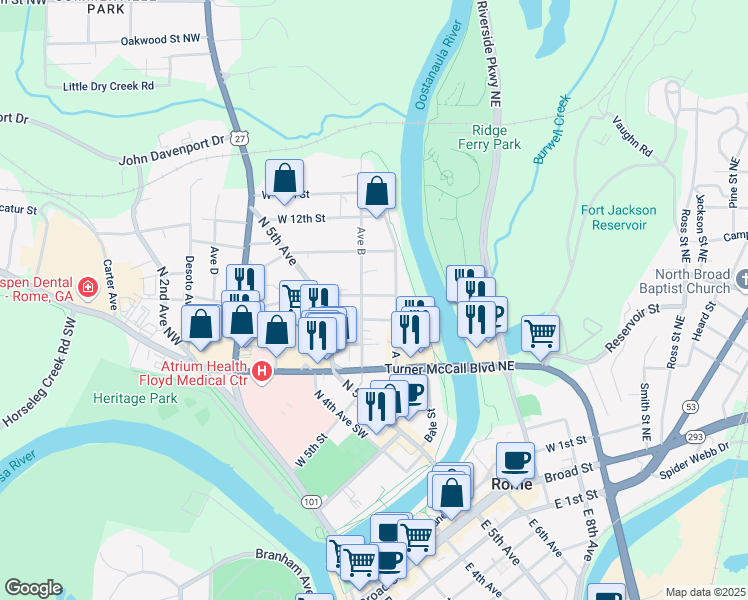 map of restaurants, bars, coffee shops, grocery stores, and more near 606 West 10th Street Northeast in Rome