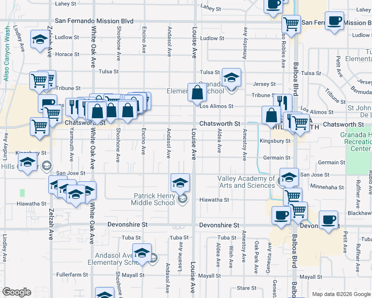 map of restaurants, bars, coffee shops, grocery stores, and more near 17316 Kingsbury Street in Los Angeles