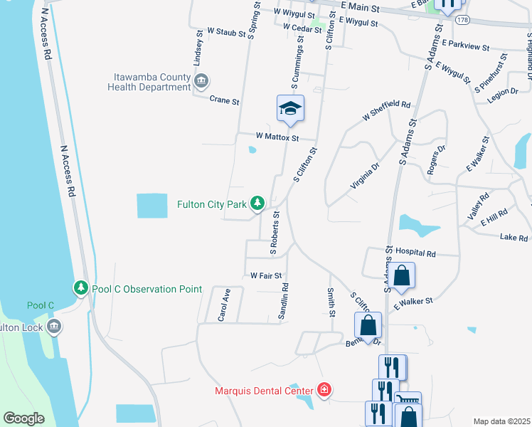 map of restaurants, bars, coffee shops, grocery stores, and more near 201 West Stewart Street in Fulton