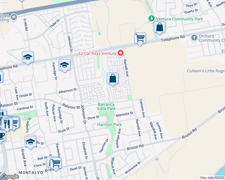 map of restaurants, bars, coffee shops, grocery stores, and more near 1606 Tapir Circle in Ventura