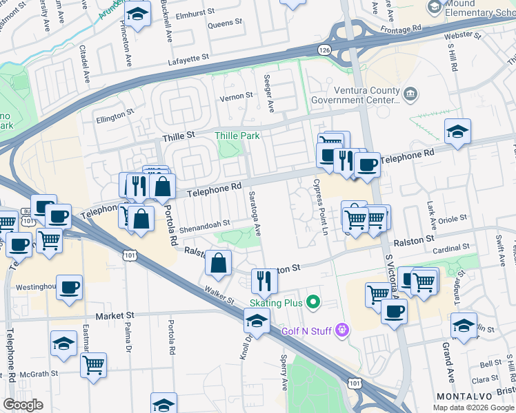 map of restaurants, bars, coffee shops, grocery stores, and more near 1300 Saratoga Avenue in Ventura