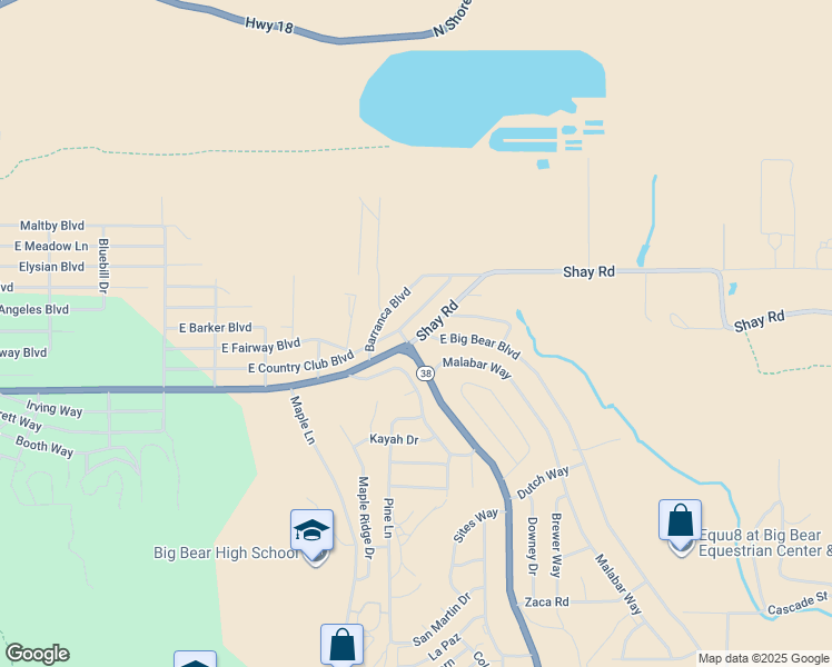 map of restaurants, bars, coffee shops, grocery stores, and more near 1303 Shay Road in Big Bear
