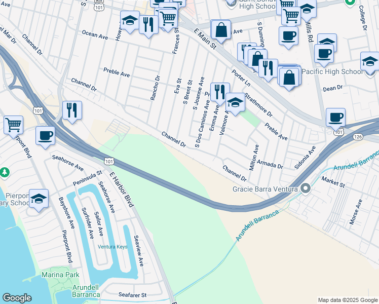 map of restaurants, bars, coffee shops, grocery stores, and more near 3030 Channel Drive in Ventura