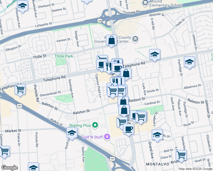 map of restaurants, bars, coffee shops, grocery stores, and more near 1253 Seacliff Court in Ventura