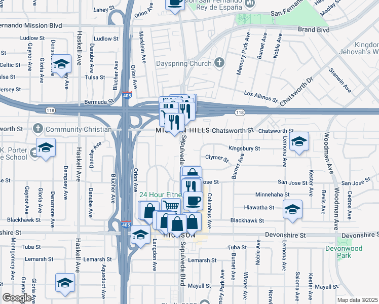 map of restaurants, bars, coffee shops, grocery stores, and more near 10600 Sepulveda Boulevard in Los Angeles