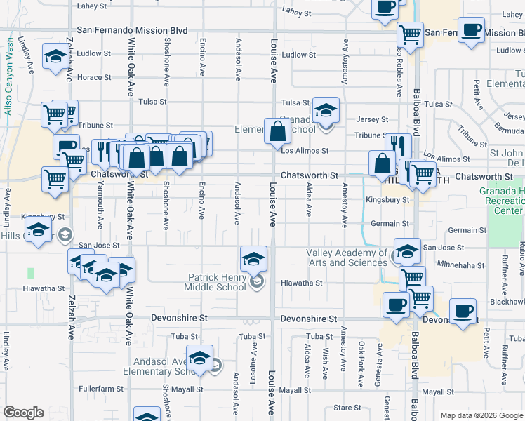 map of restaurants, bars, coffee shops, grocery stores, and more near 17316 Kingsbury Street in Los Angeles