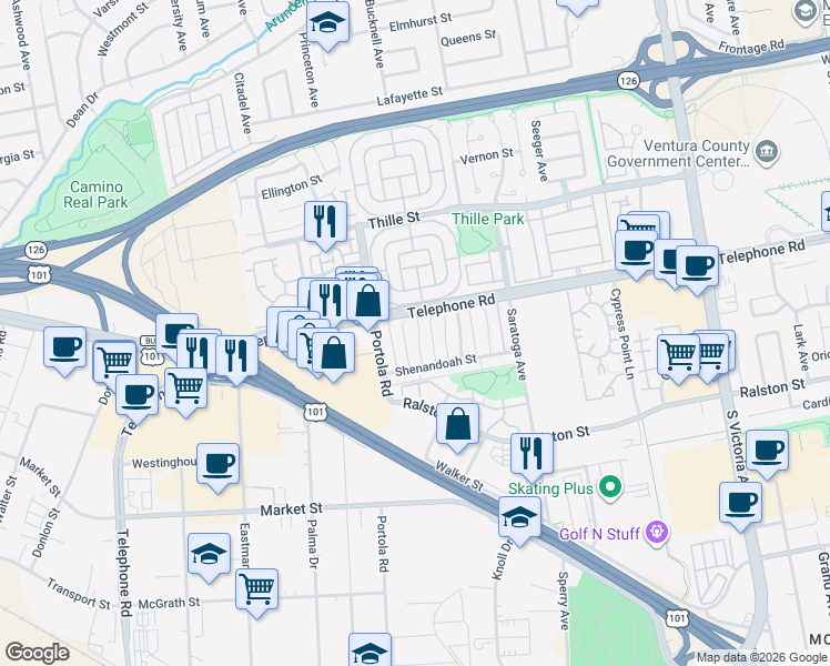 map of restaurants, bars, coffee shops, grocery stores, and more near 2555 Townsgate Road in Thousand Oaks