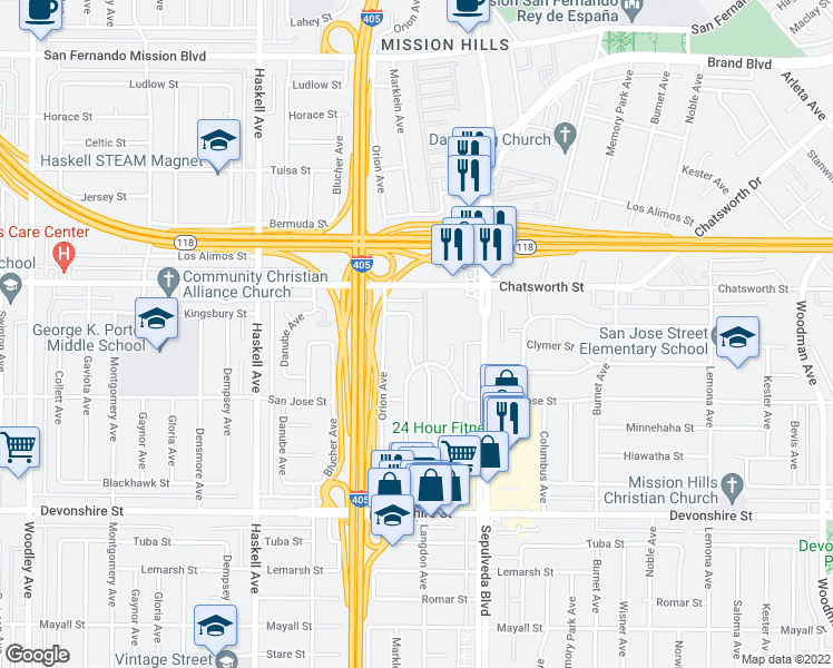 map of restaurants, bars, coffee shops, grocery stores, and more near 10608 Marklein Avenue in Los Angeles