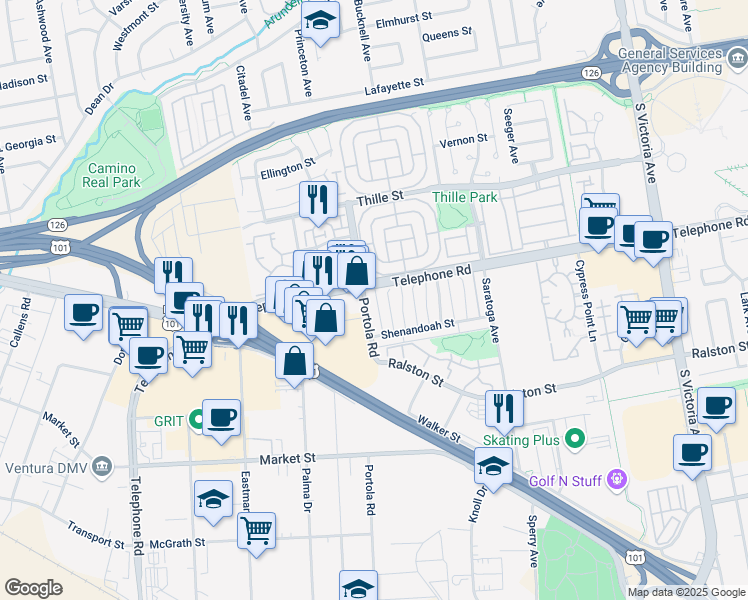 map of restaurants, bars, coffee shops, grocery stores, and more near 1138 Portola Road in Ventura