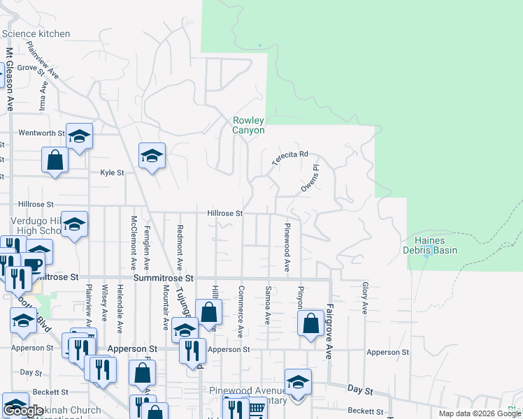 map of restaurants, bars, coffee shops, grocery stores, and more near 7145 Hillrose Street in Los Angeles
