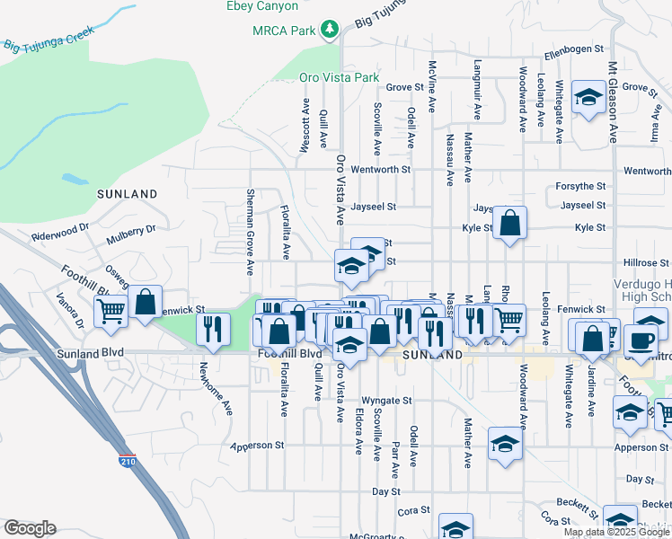 map of restaurants, bars, coffee shops, grocery stores, and more near 10653 Oro Vista Avenue in Los Angeles