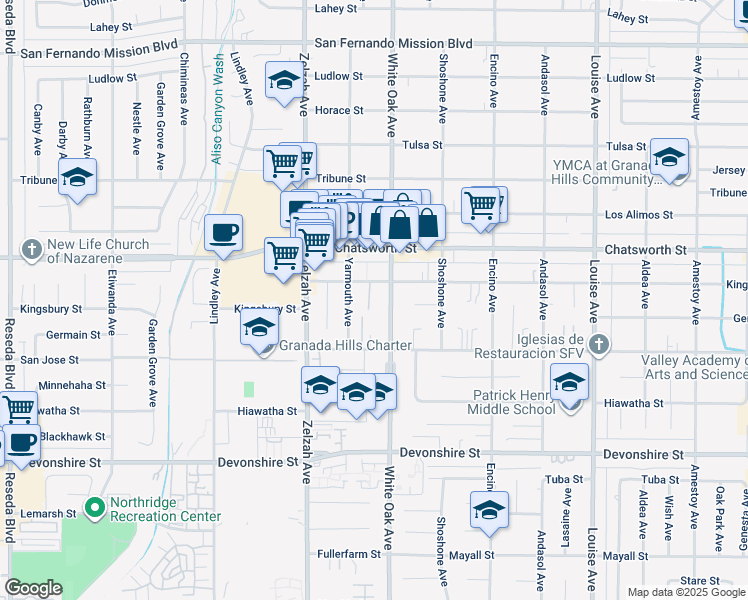 map of restaurants, bars, coffee shops, grocery stores, and more near 17720 Kingsbury Street in Los Angeles