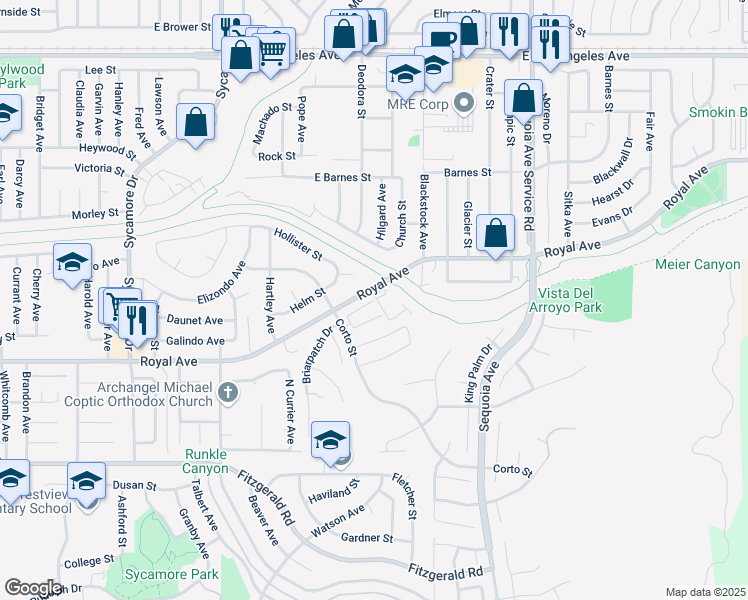 map of restaurants, bars, coffee shops, grocery stores, and more near Encina Lane in Simi Valley