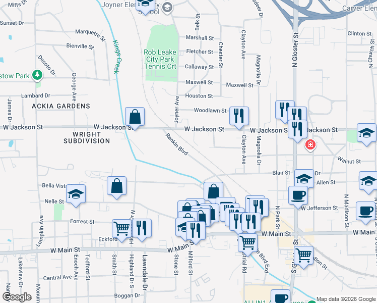 map of restaurants, bars, coffee shops, grocery stores, and more near 324 Rankin Boulevard in Tupelo
