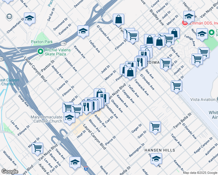 map of restaurants, bars, coffee shops, grocery stores, and more near 10631 Kewen Avenue in Los Angeles