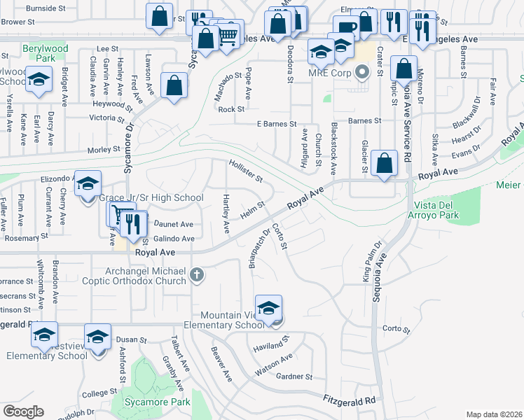 map of restaurants, bars, coffee shops, grocery stores, and more near 2894 Helm Street in Simi Valley