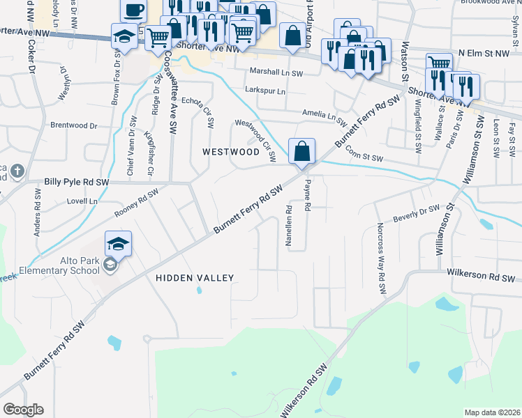 map of restaurants, bars, coffee shops, grocery stores, and more near 3 East Creekview Drive Southwest in Rome