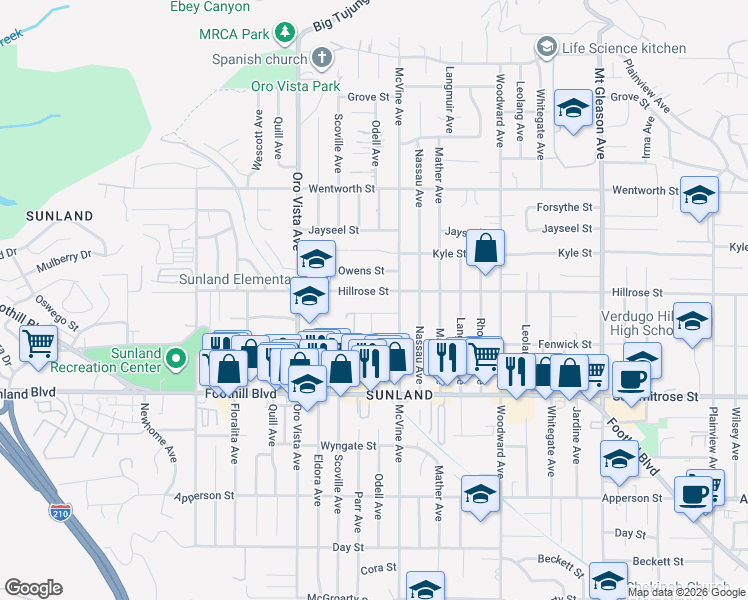 map of restaurants, bars, coffee shops, grocery stores, and more near 8240 Hillrose Street in Los Angeles
