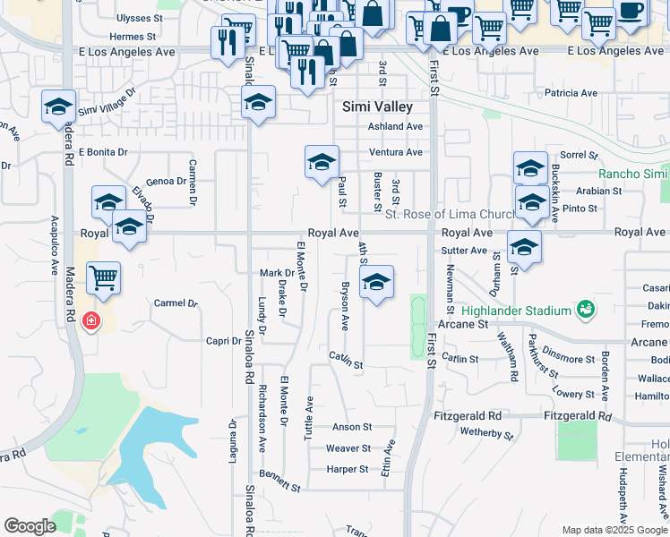 map of restaurants, bars, coffee shops, grocery stores, and more near 761 Lyons Court in Simi Valley