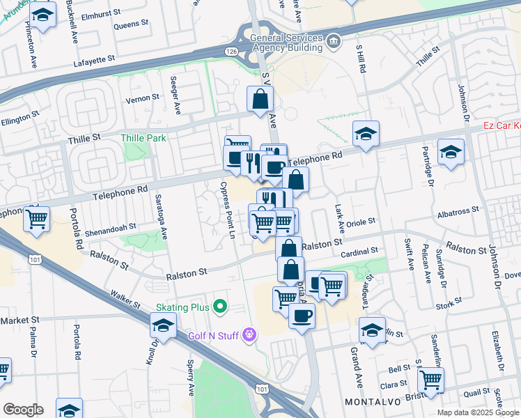 map of restaurants, bars, coffee shops, grocery stores, and more near 1253 Seacliff Court in Ventura