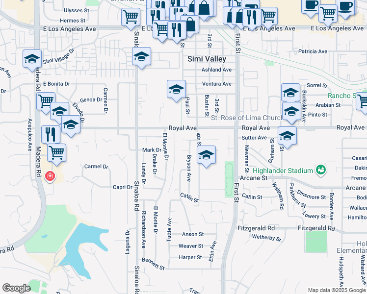 map of restaurants, bars, coffee shops, grocery stores, and more near 761 Lyons Court in Simi Valley