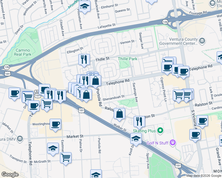 map of restaurants, bars, coffee shops, grocery stores, and more near 1157 Bryce Way in Ventura