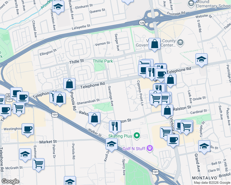 map of restaurants, bars, coffee shops, grocery stores, and more near 1300 Saratoga Avenue in Ventura