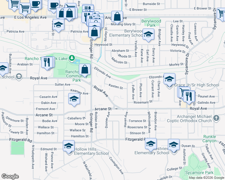map of restaurants, bars, coffee shops, grocery stores, and more near 2003 Royal Avenue in Simi Valley