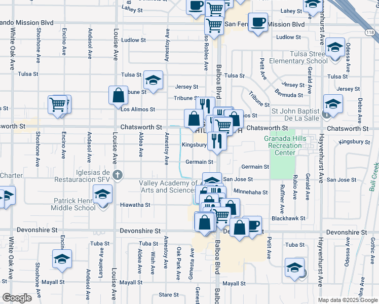 map of restaurants, bars, coffee shops, grocery stores, and more near 10621 Genesta Avenue in Los Angeles