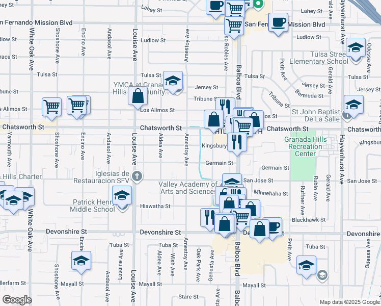 map of restaurants, bars, coffee shops, grocery stores, and more near 10620 Amestoy Avenue in Los Angeles