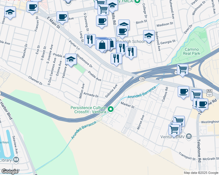 map of restaurants, bars, coffee shops, grocery stores, and more near 3405 Rexford Street in Ventura