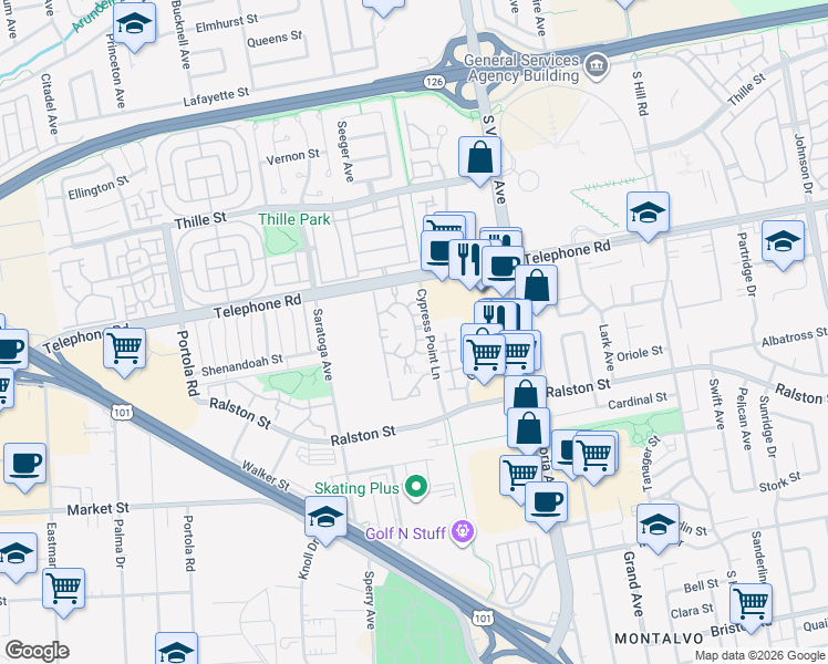 map of restaurants, bars, coffee shops, grocery stores, and more near 1241 Cypress Point Lane in Ventura