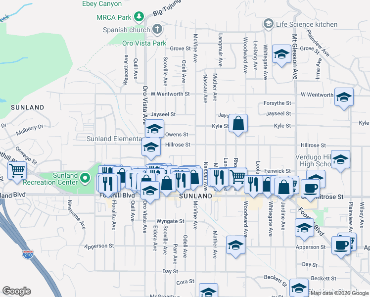 map of restaurants, bars, coffee shops, grocery stores, and more near 8230 Hillrose Street in Los Angeles