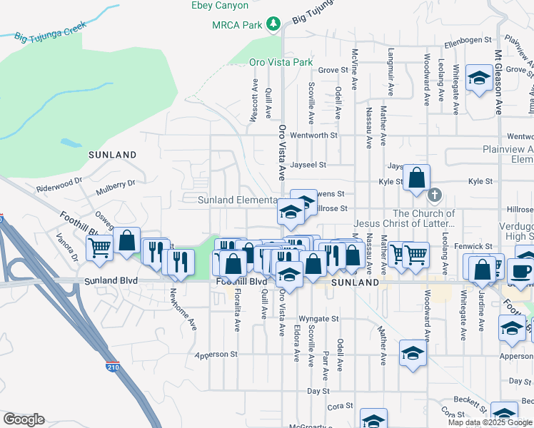 map of restaurants, bars, coffee shops, grocery stores, and more near 8426 Hillrose Street in Los Angeles