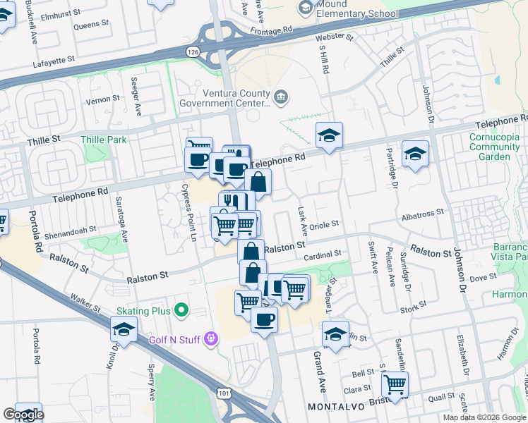 map of restaurants, bars, coffee shops, grocery stores, and more near 1304 Raven Avenue in Ventura