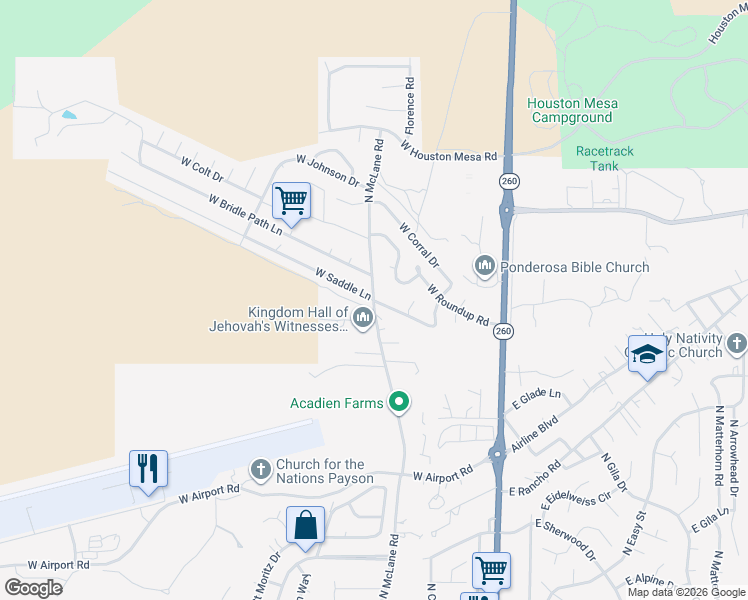 map of restaurants, bars, coffee shops, grocery stores, and more near 1608 N Mclane Rd in Payson