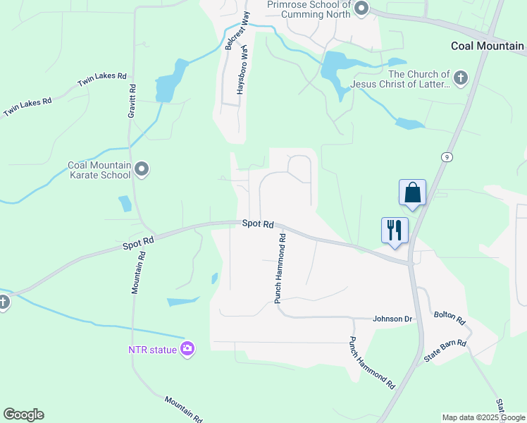 map of restaurants, bars, coffee shops, grocery stores, and more near 3060 Blackburn Drive in Cumming