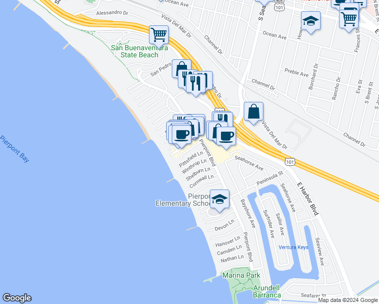 map of restaurants, bars, coffee shops, grocery stores, and more near 1108 Hingham Lane in Ventura