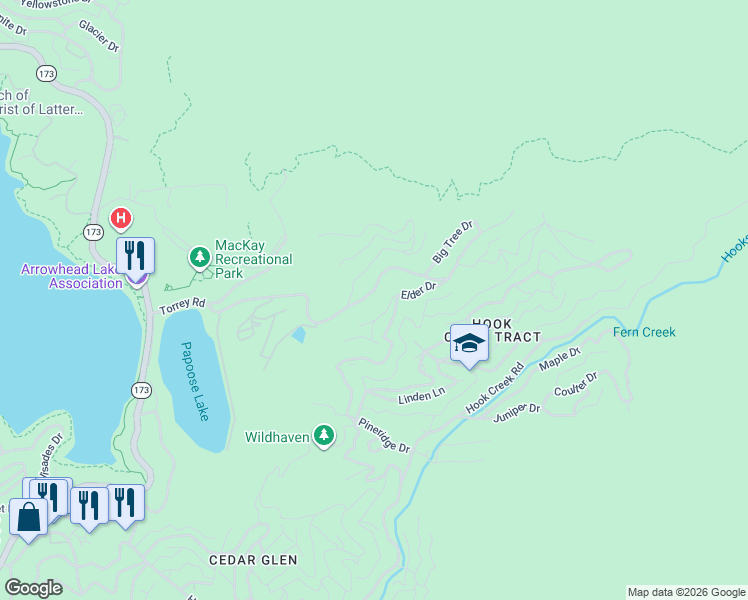 map of restaurants, bars, coffee shops, grocery stores, and more near 29571 Little Bear Creek Road in Lake Arrowhead