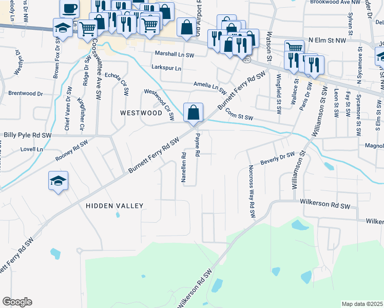 map of restaurants, bars, coffee shops, grocery stores, and more near 102 Payne Road Southwest in Rome