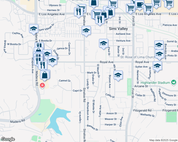 map of restaurants, bars, coffee shops, grocery stores, and more near 533 Mark Drive in Simi Valley