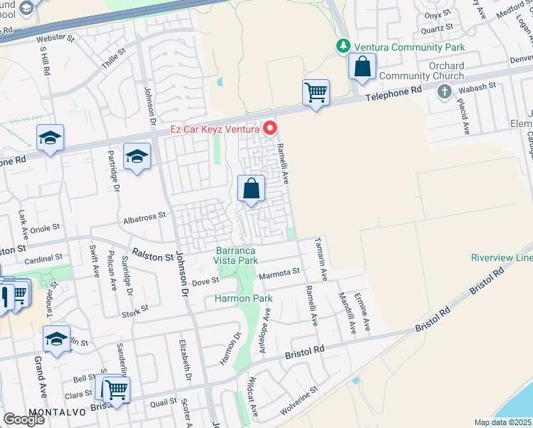 map of restaurants, bars, coffee shops, grocery stores, and more near 1603 Bassett Lane in Ventura