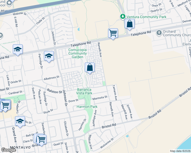 map of restaurants, bars, coffee shops, grocery stores, and more near 1603 Bassett Lane in Ventura
