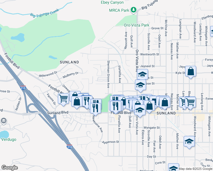 map of restaurants, bars, coffee shops, grocery stores, and more near 10654 Sherman Grove Avenue in Los Angeles