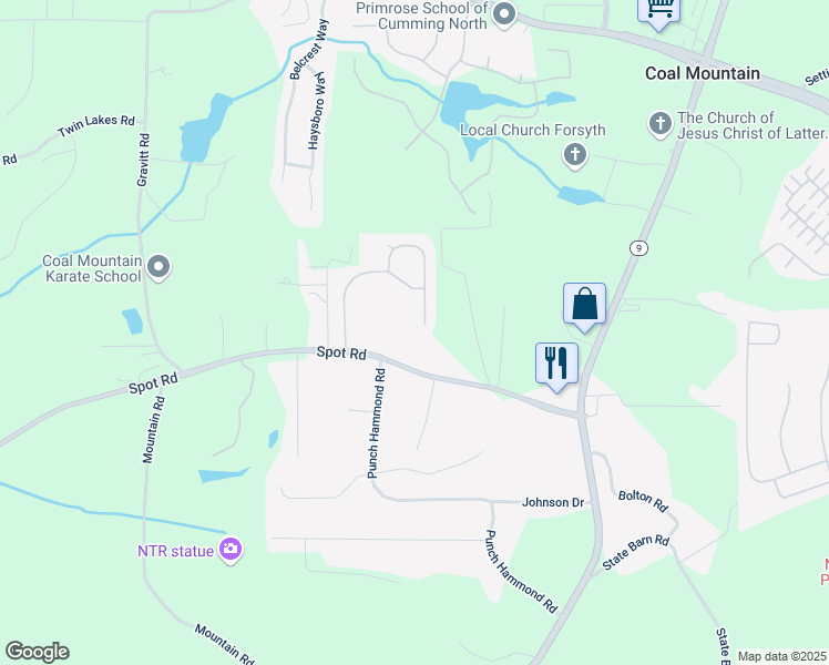map of restaurants, bars, coffee shops, grocery stores, and more near 3480 Buffington Lane in Cumming