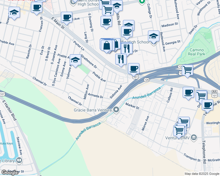 map of restaurants, bars, coffee shops, grocery stores, and more near 3369 Rexford Street in Ventura