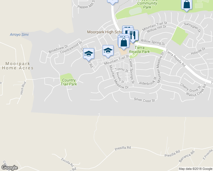 map of restaurants, bars, coffee shops, grocery stores, and more near 11657 Blossomwood Court in Moorpark