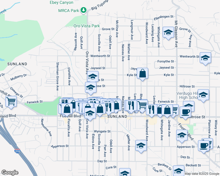 map of restaurants, bars, coffee shops, grocery stores, and more near 8240 Hillrose Street in Los Angeles