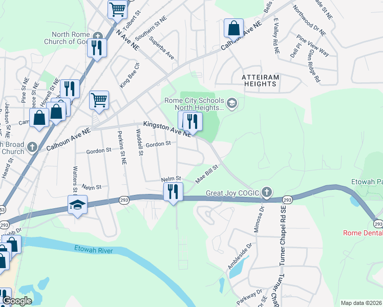 map of restaurants, bars, coffee shops, grocery stores, and more near 2006 Highland Circle in Rome